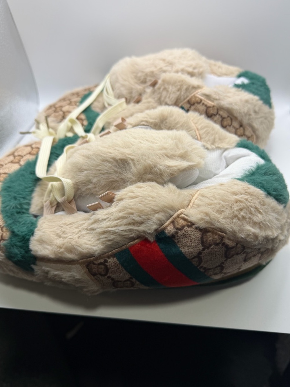 Beige Faux Fur Slippers with Green & Red Web Stripe